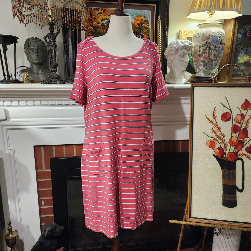 XL Striped Talbots Dress, Red & White, Knee Length, Pockets